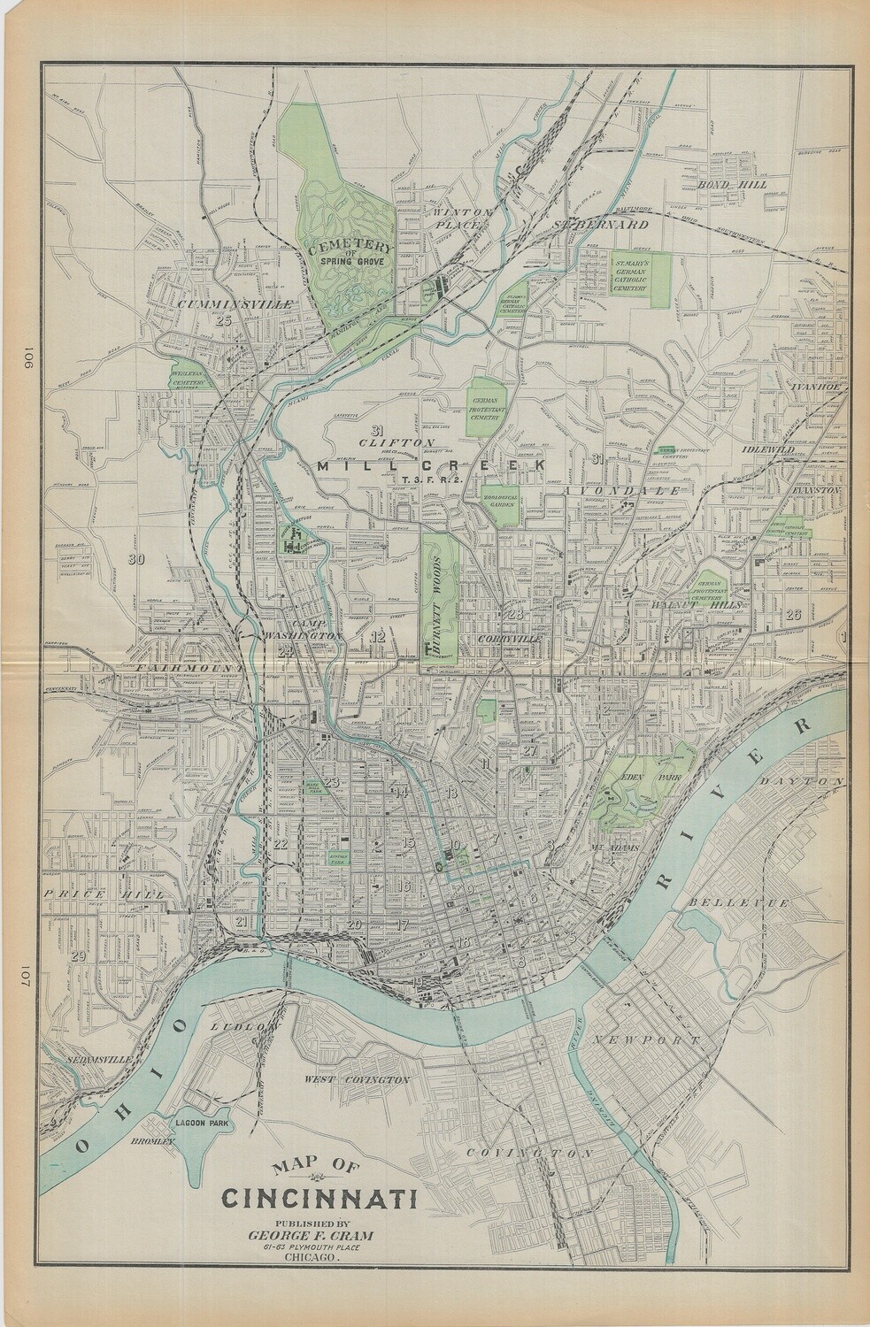 1911 Map of Cinncinatti, Oh by Geo.Cram in Color Lithography