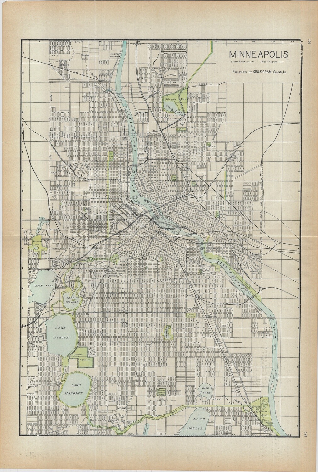 1903 Map of Minneapolis, Mn. by Geo.Cram in Color Lithography