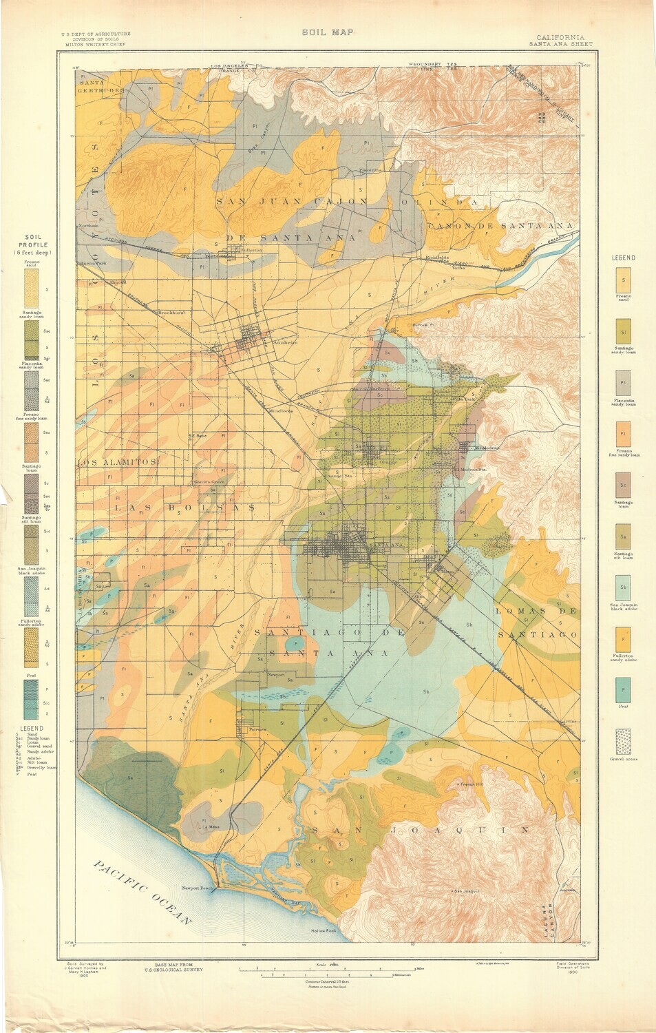 1900 Soil Map of Santa Ana, Ca from the U.S. Department of Agriculture in Chromolithography via USGS