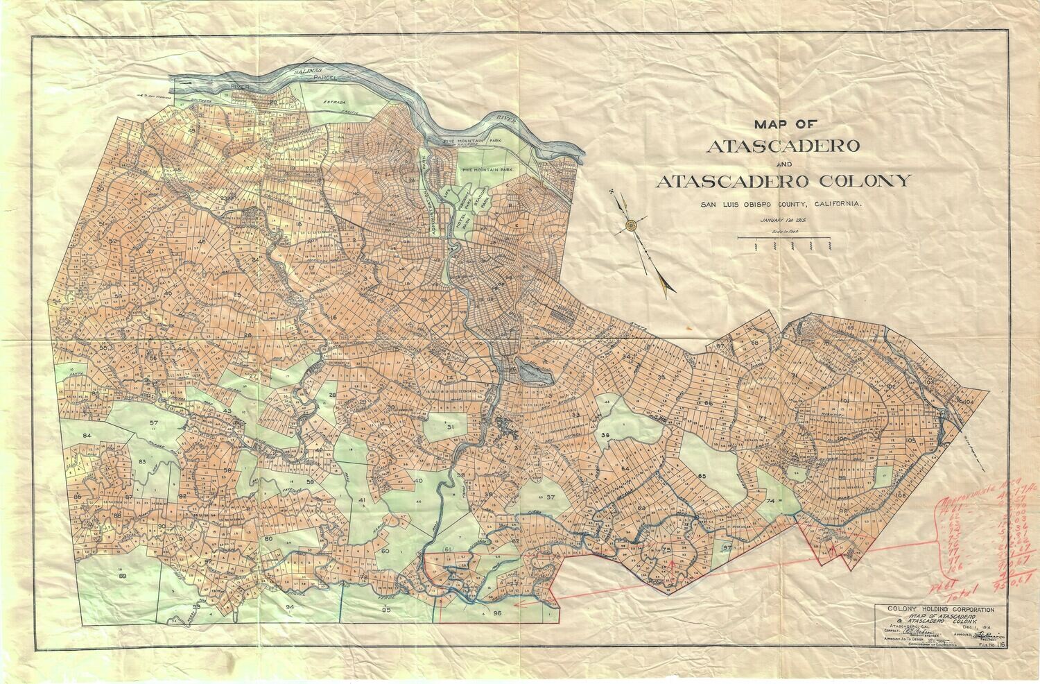 1915 Cadastral Map of Atascadero, Ca., A Lithograph with Hand Water Color and Manuscript Additions