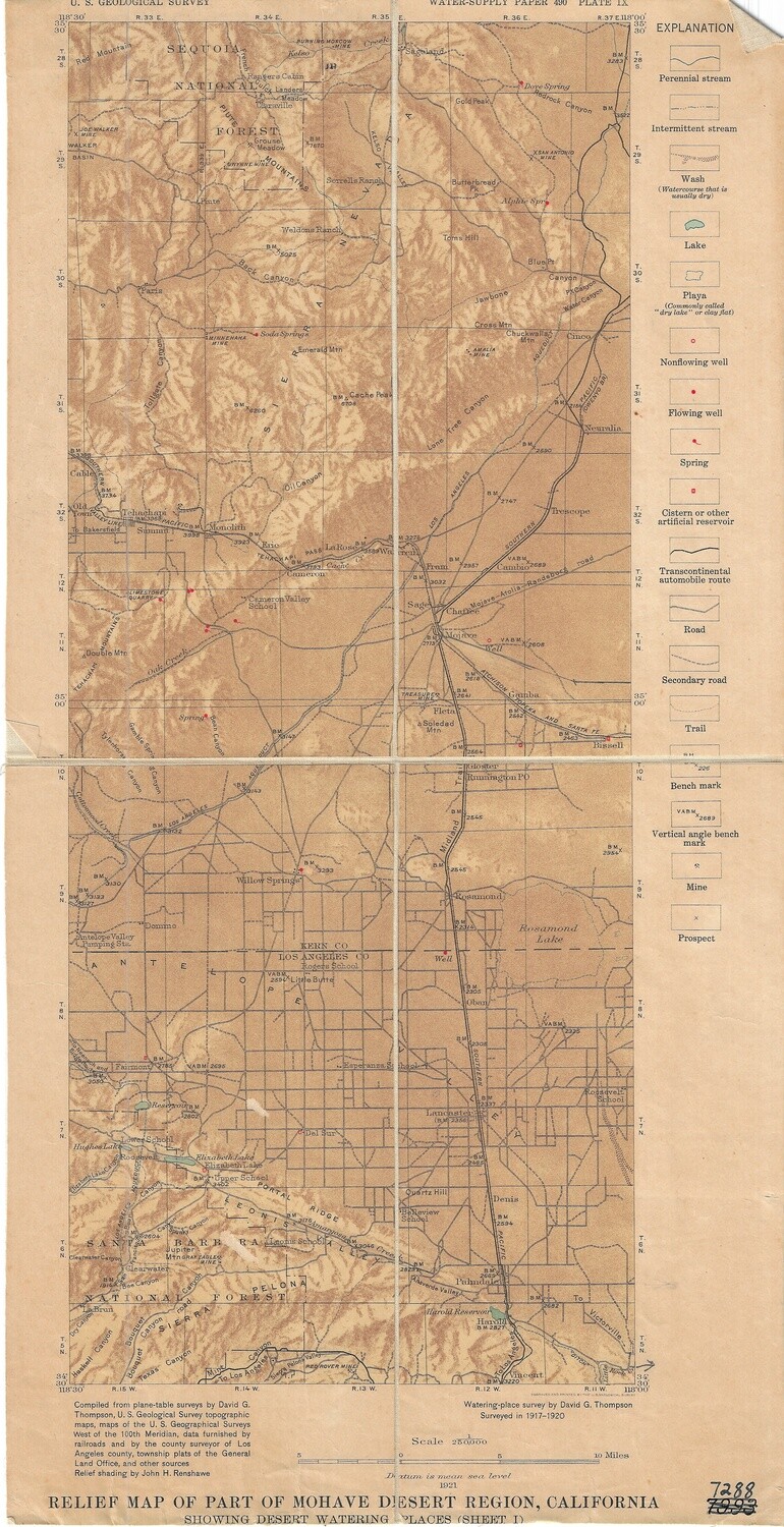 1921 USGS Topographic Mojave, Palmdale, Tehachapi . Linen Backed for Field Use:  Wells &amp; Water in the Desert