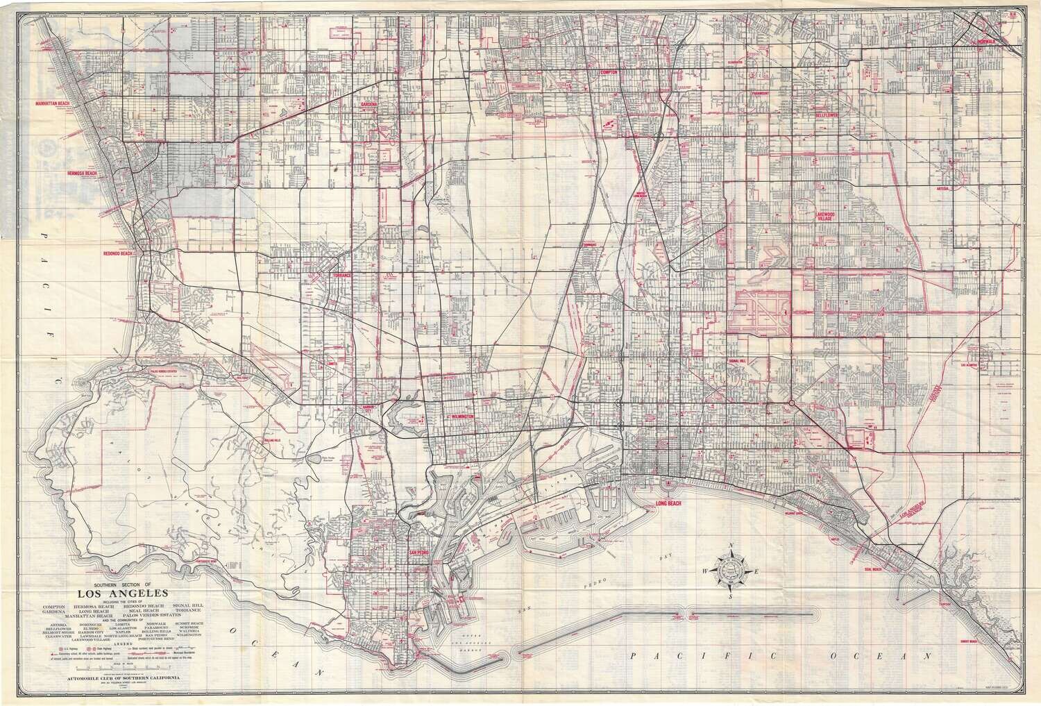 1954 ACSC Long Beach LA Harbor -southern section of LA map