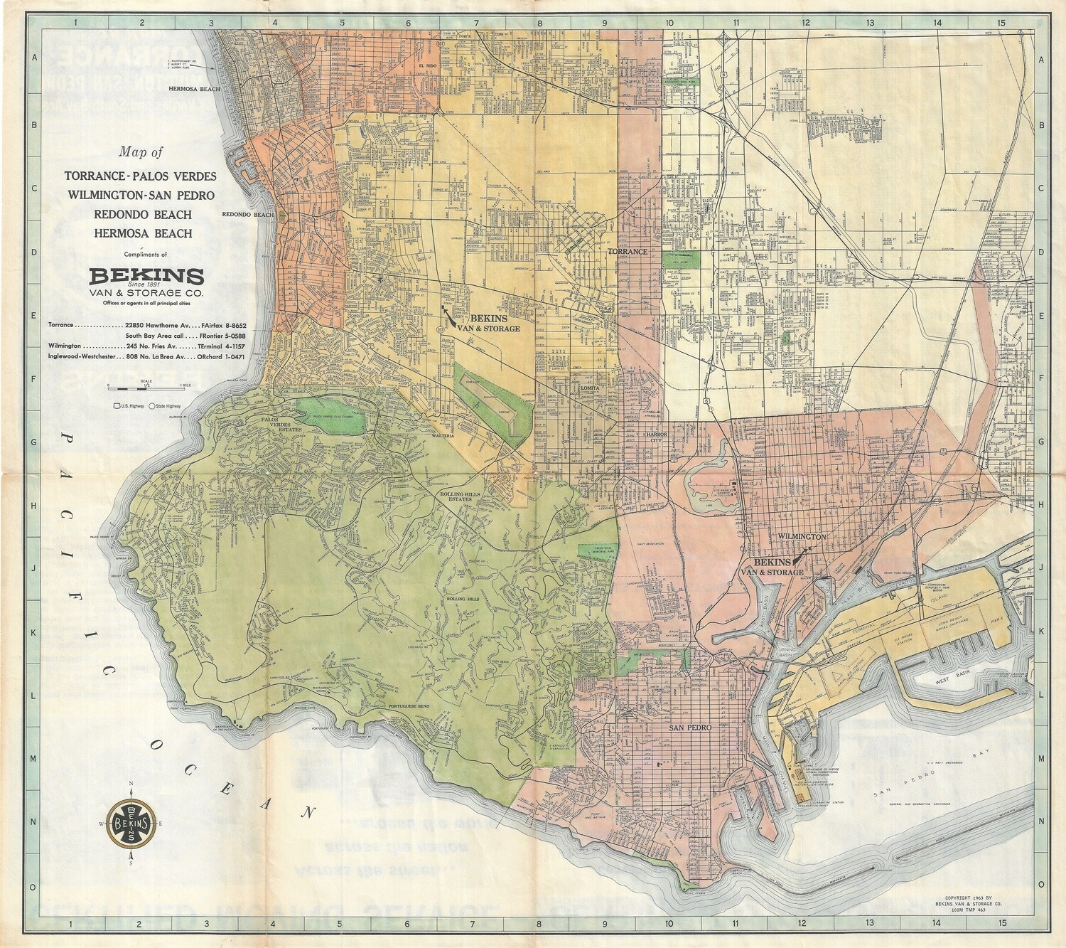 1963 San Pedro,Torrance,Redondo &amp; Hermosa Beach from Bekins Moving in Lithography w/ hand water color