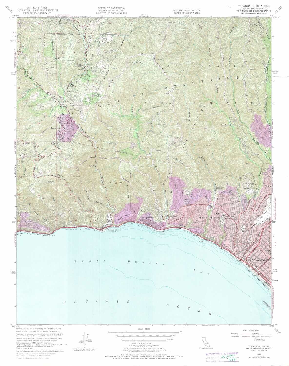 1967 (1952) USGS Topanga &amp; Pacific Pallisades , Santa Monica Quad - 7.5 Minute Sheet