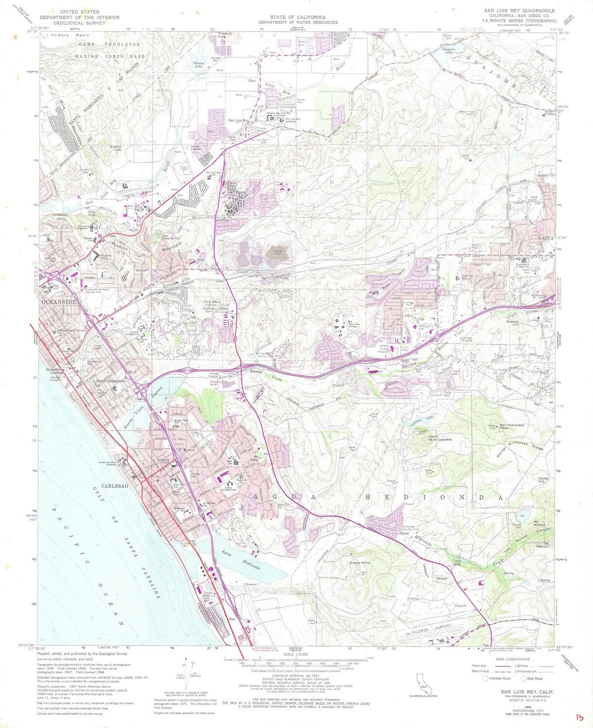 1968 US Dept.Interior San Luis Rey Quandrangle Offset lithograph