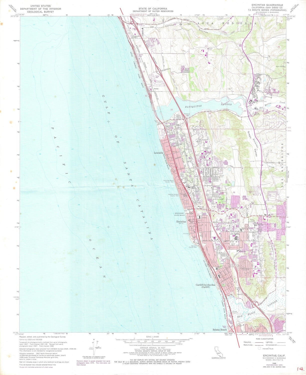 1975 (1968) USGS Encinitas, Ca. Quad 7.5 Minute sheet