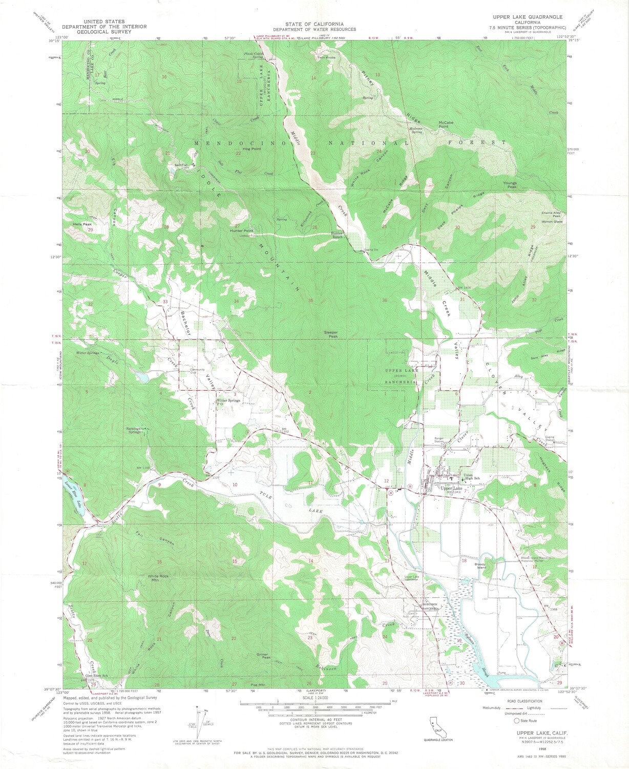 1958 USGS Upper Lake , Ca Quadrangle- 7.5 minute Topo