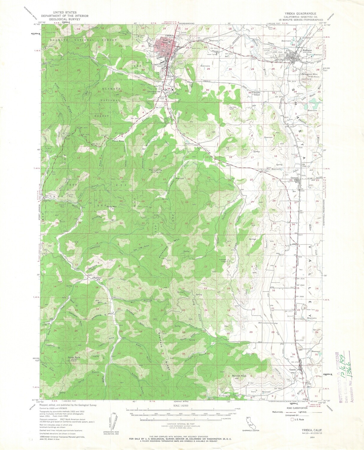 1954 USGS Yreka Quad 15 minute sheet