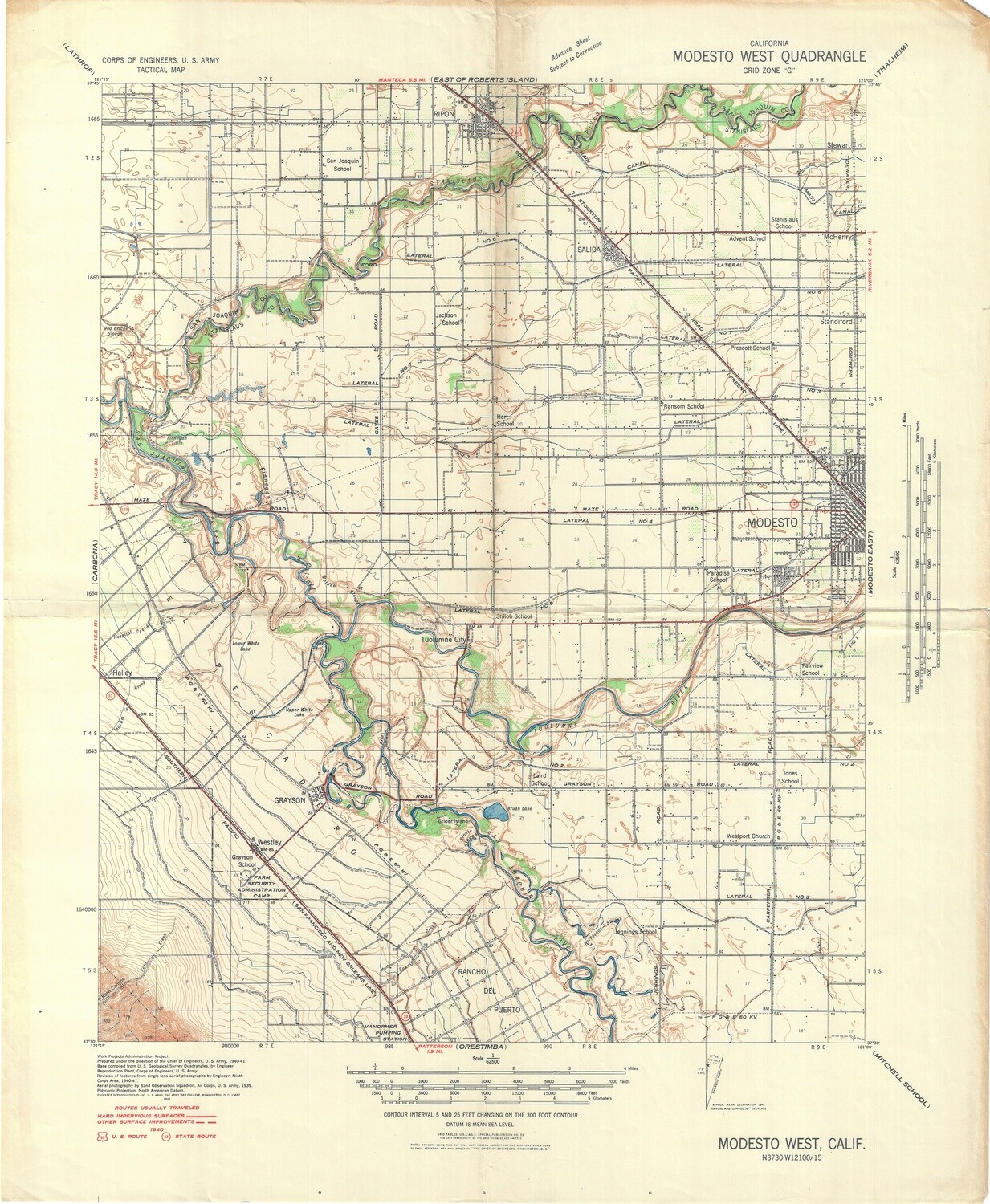 1942 War Dept.USGS Modesto Quad (East and West) 2 sheets