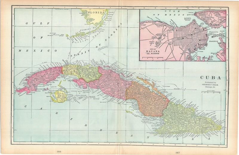 1911 Map of Cuba w/ Havana Insert by Geo.Cram in Color Lithography