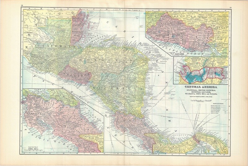 1903 Map of Central America w/ United States Canal Zone by Geo.Cram in Color Lithography