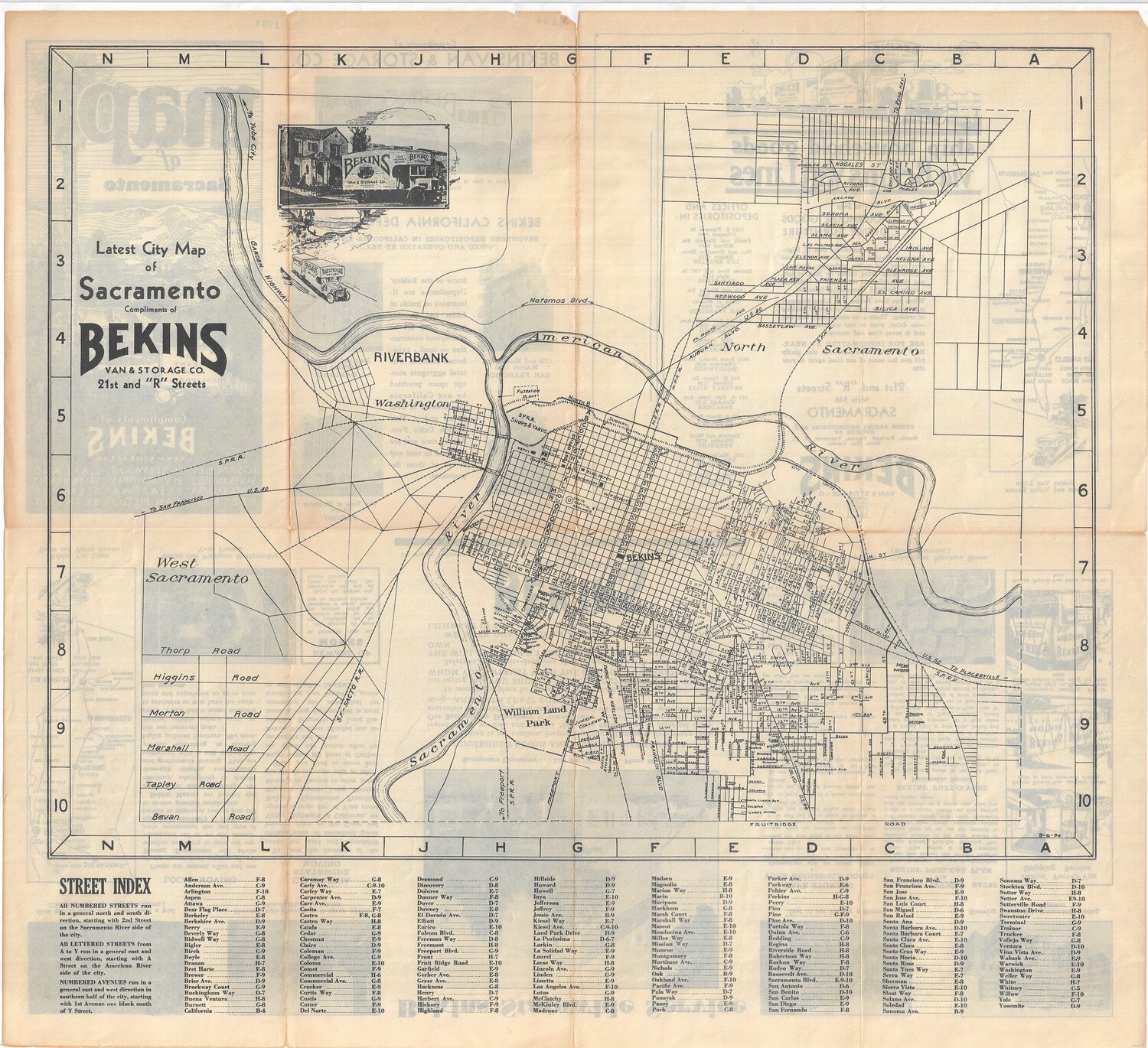 1934 Map of Sacramento , CA by Bekins