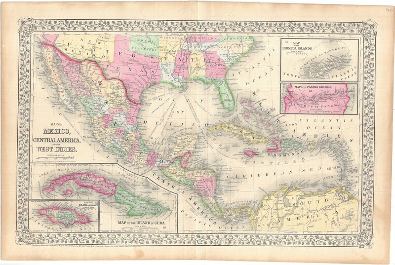 1867 Map of Mexico, Central America &amp; West Indies by Mitchells