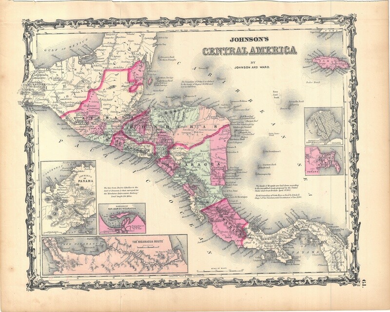 1862 Map of Central America by Johnson &amp; Ward in Lithography w/ OHC