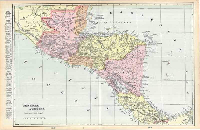 1901 Map of Central America by Geo.Cram in Color Lithography