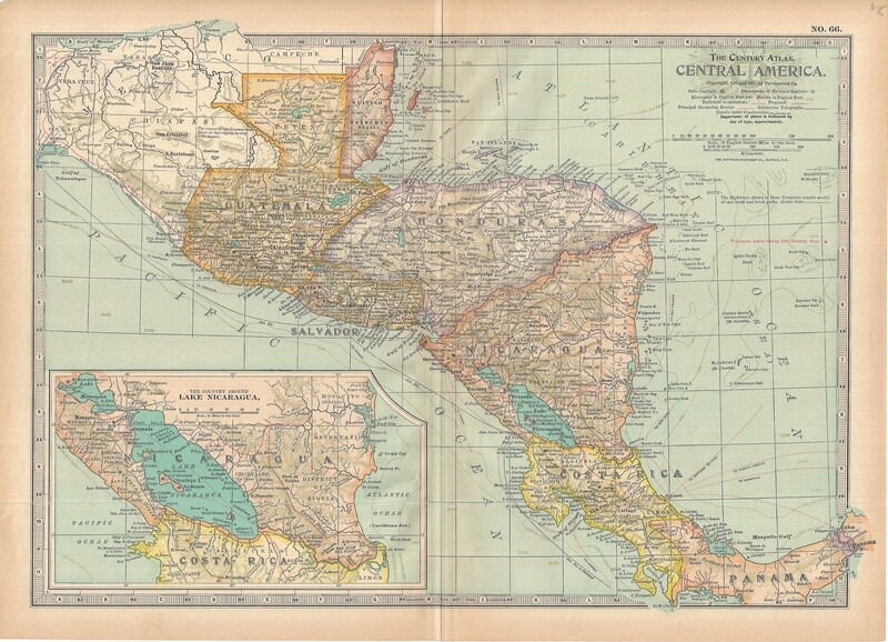 1911 Map of Central America by Century Atlas Co in Color Lithography