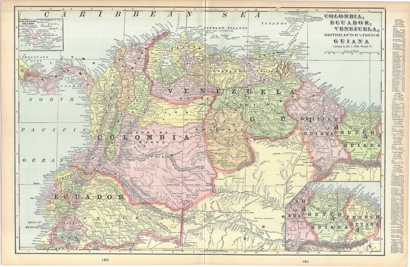 1900 Map of Colombia, Ecuador, Venezuela etc + Bermuda Islands by Geo.Cram in Color Lithography