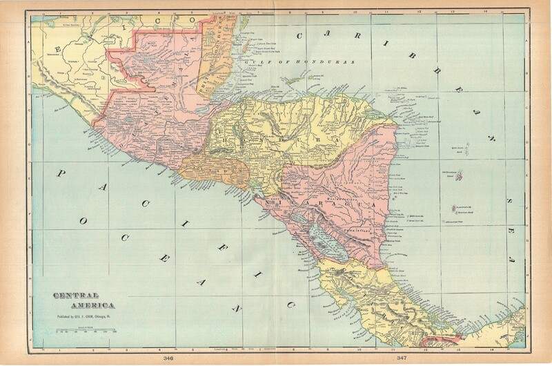 1908 Map of Central America by Geo.Cram in Color Lithography