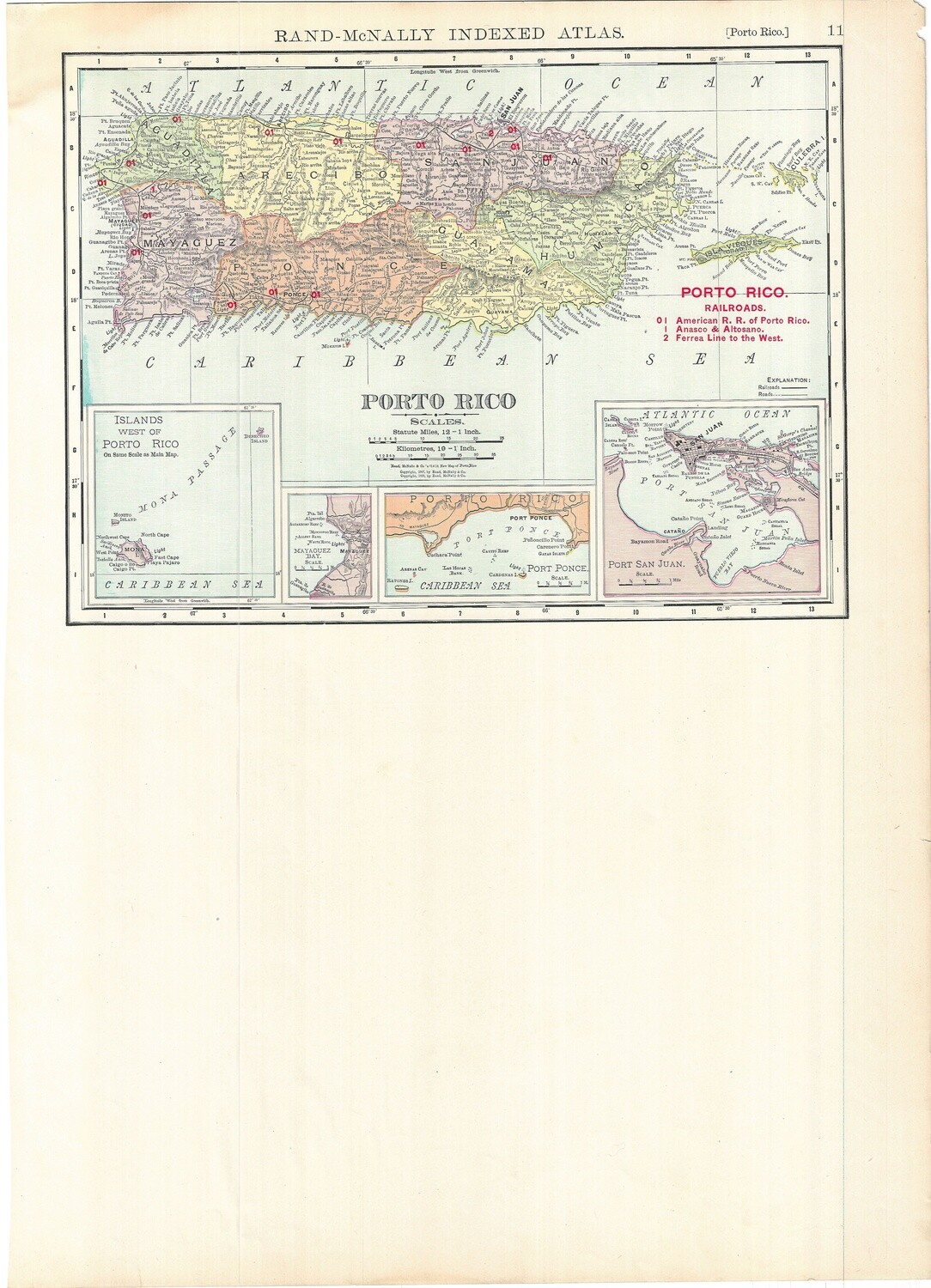 1912 Railroad Map of Porto Rico by Rand McNally in Chromolithography