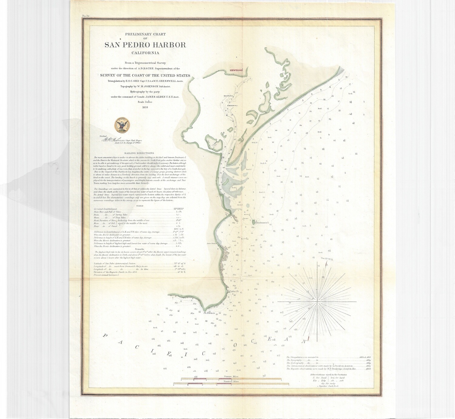 1859 USCS San Pedro Harbor , Ca. a Folding Folio in Lithography, w/ hand color added (dark logo)