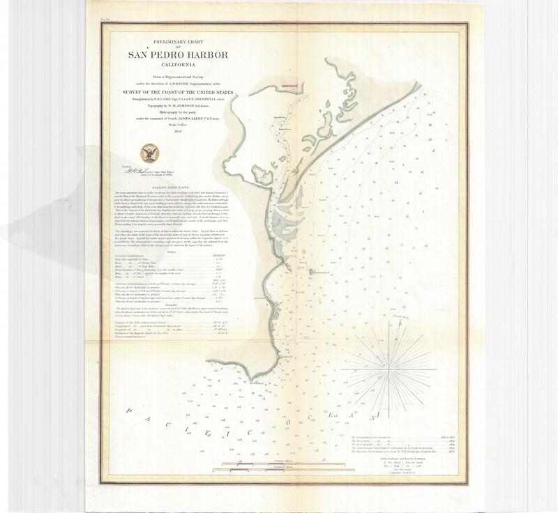 1859 USCS San Pedro Harbor , Ca. a Folding Folio in Lithography, w/ hand color added (dark logo)