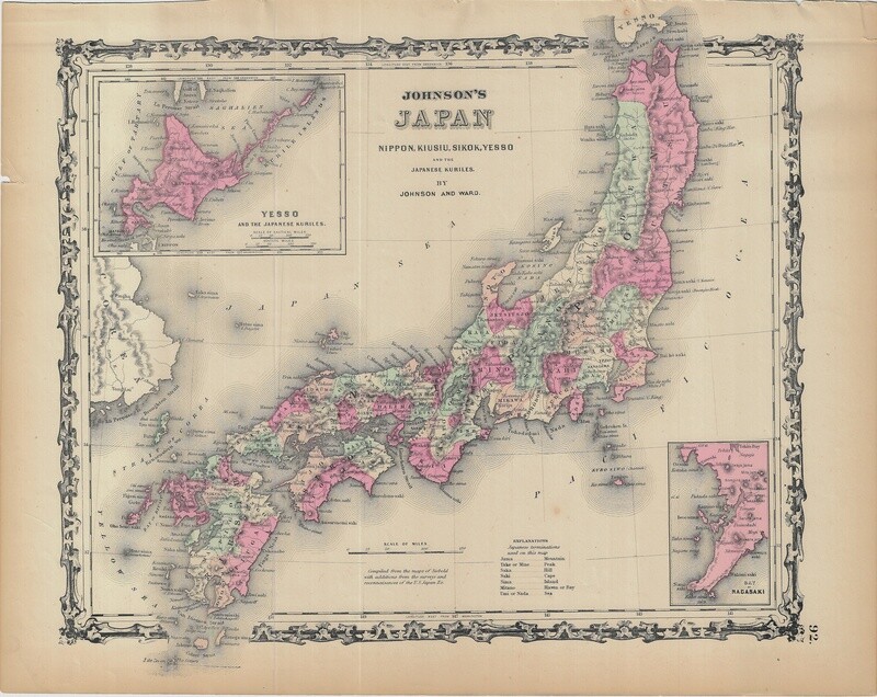 1862 Map of Japan by Johnson &amp; Ward in Lithography w/ OHC