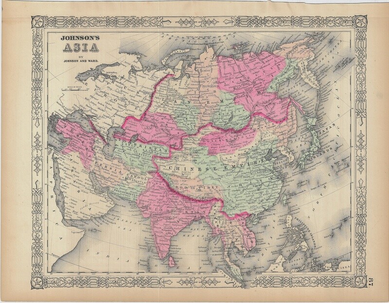 1863 Map of Asia  by Johnson &amp; Ward in Steel Engraving w/OHC