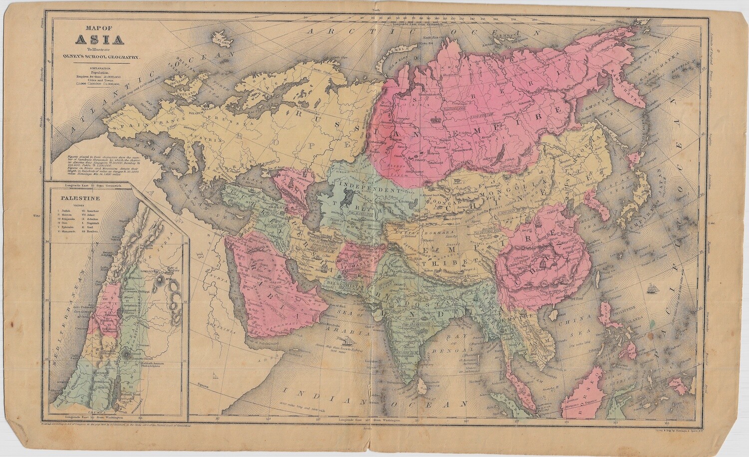1844  Map of Asia w/ hand color by Olney