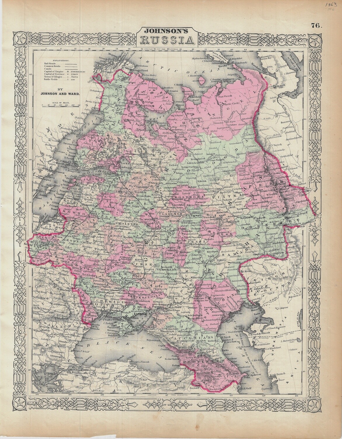 1863 Map of Russia by Johnson &amp; Ward in Steel Eng. w/OHC