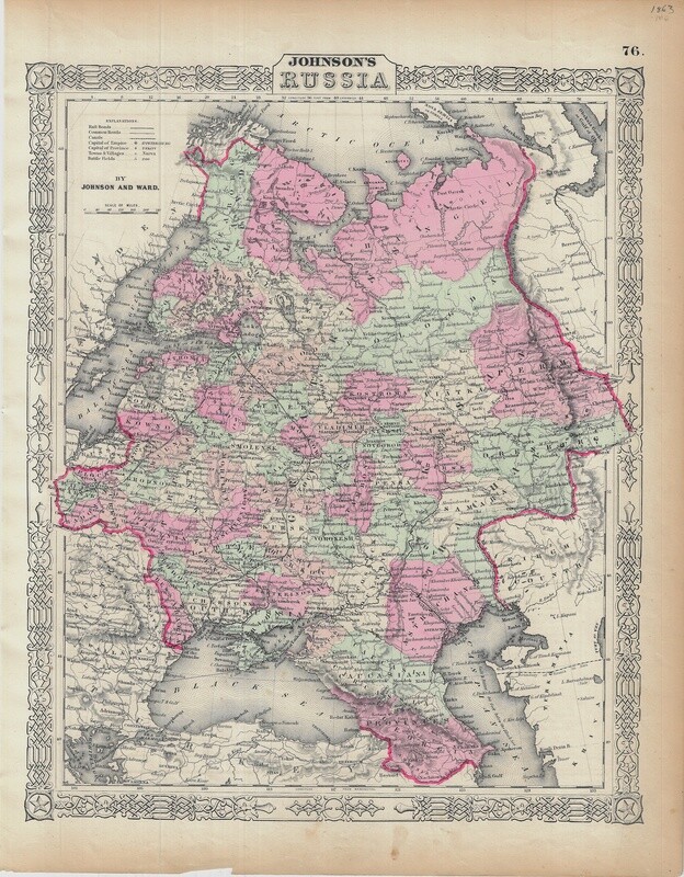 1863 Map of Russia by Johnson &amp; Ward in Steel Eng. w/OHC