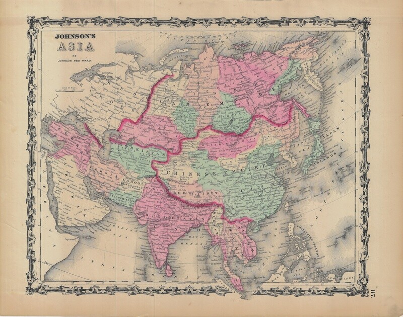 1862 Map of Asia  by Johnson &amp; Ward in Lithography w/ OHC
