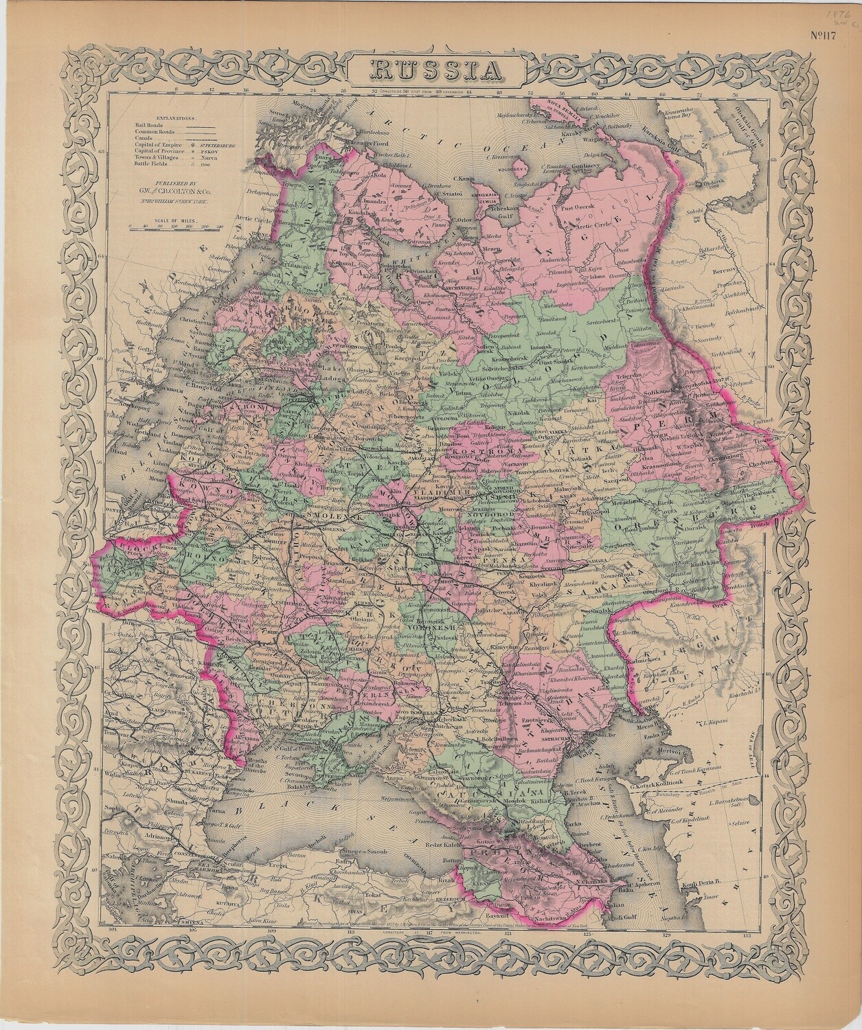 1876 Map of Russia by GW Colton in Color Lithography