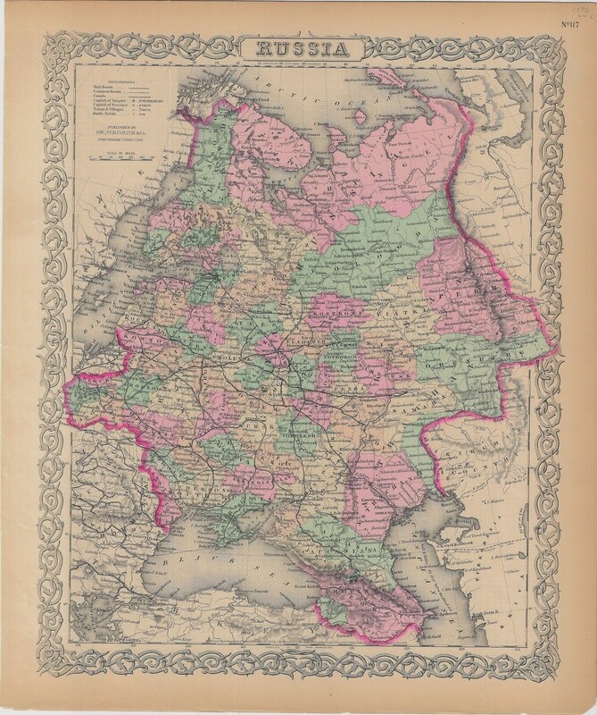 1876 Map of Russia by GW Colton in Color Lithography