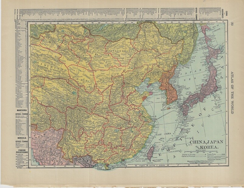 1910 Map of China, Japan &amp; Korea by Geo.Cram in Color Lithography