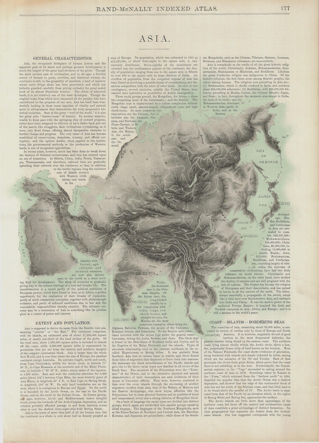 1912 Geological &amp; Riparian Map of Asia by Rand McNally in Duotone Lithography