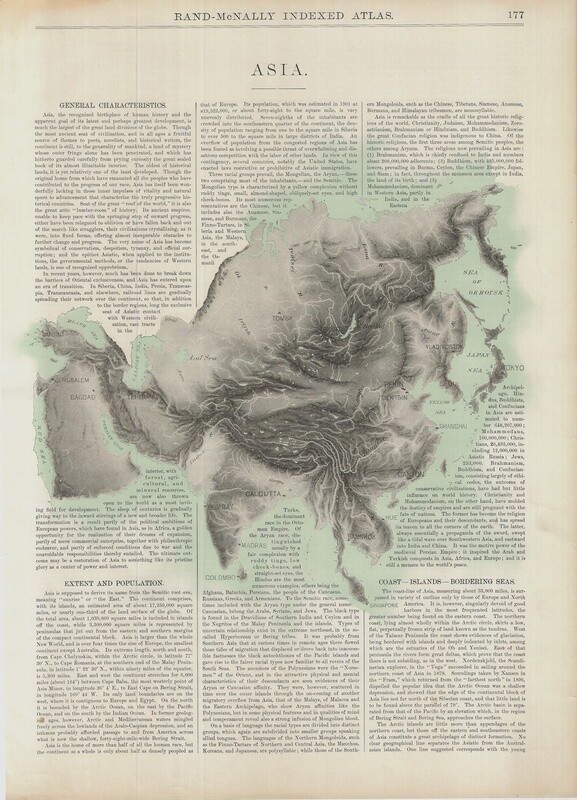 1912 Geological &amp; Riparian Map of Asia by Rand McNally in Duotone Lithography