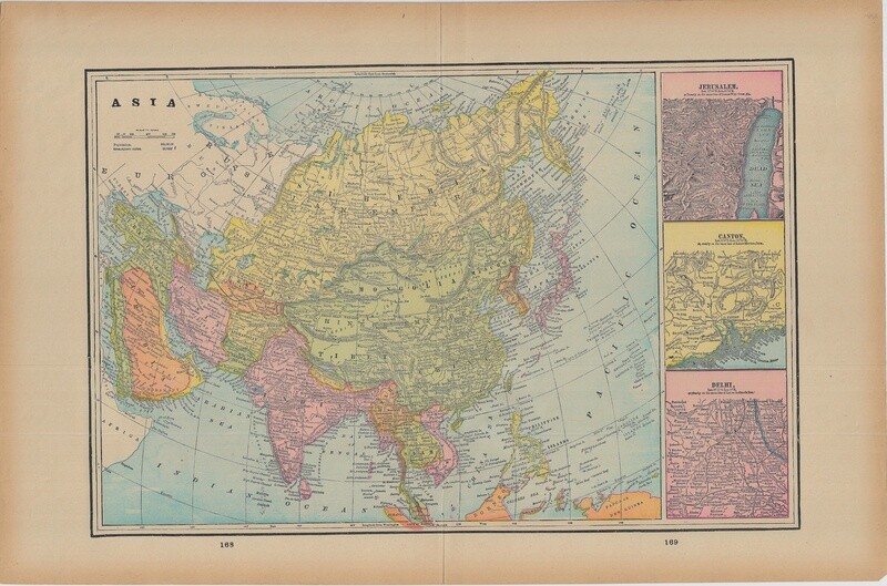 1892 Map of Asia w/ Jerusalem, Canton, Delhi inset by Geo.Cram in Lithography