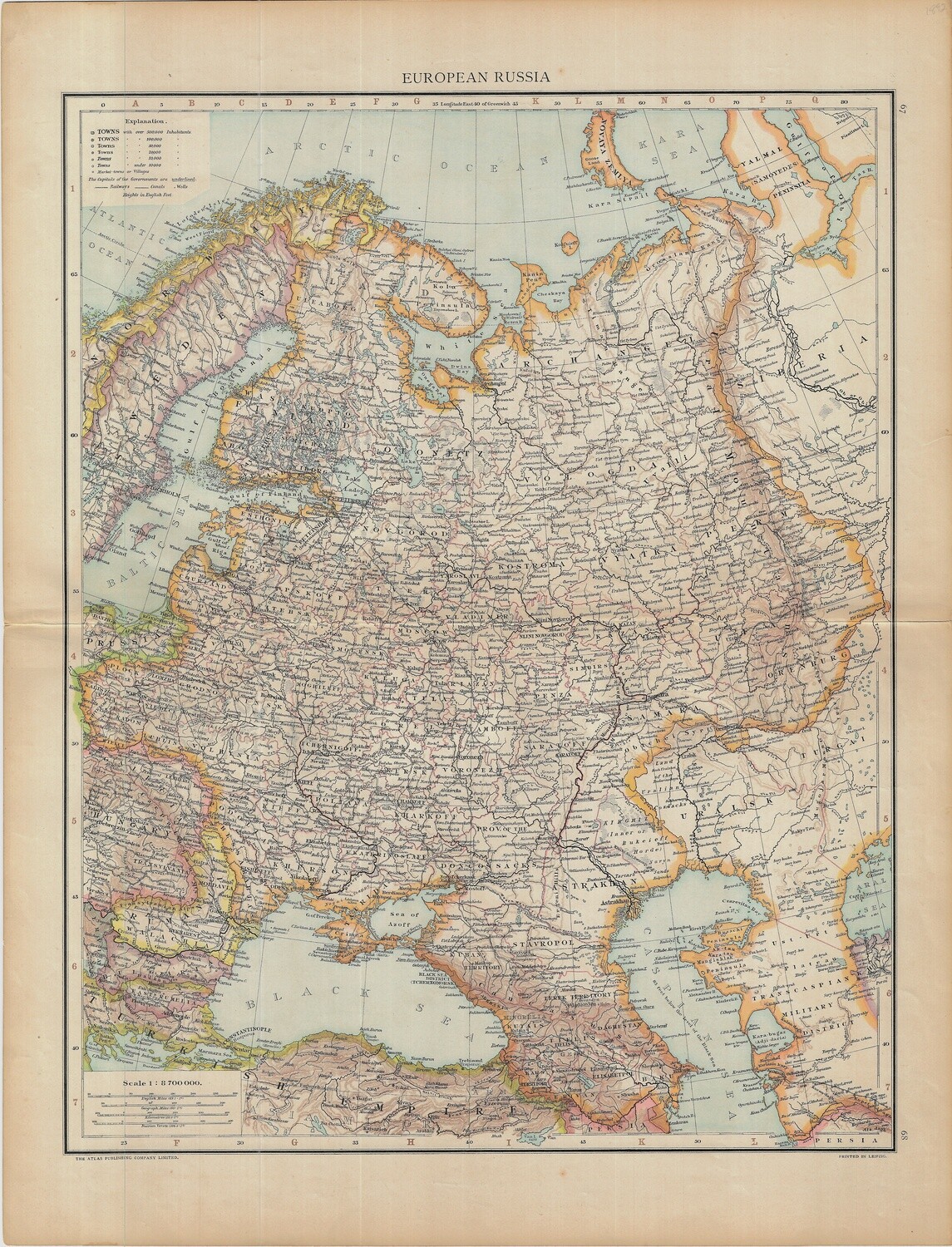 1892 Map of European Russia by the Atlas Publishing Co in Lithography