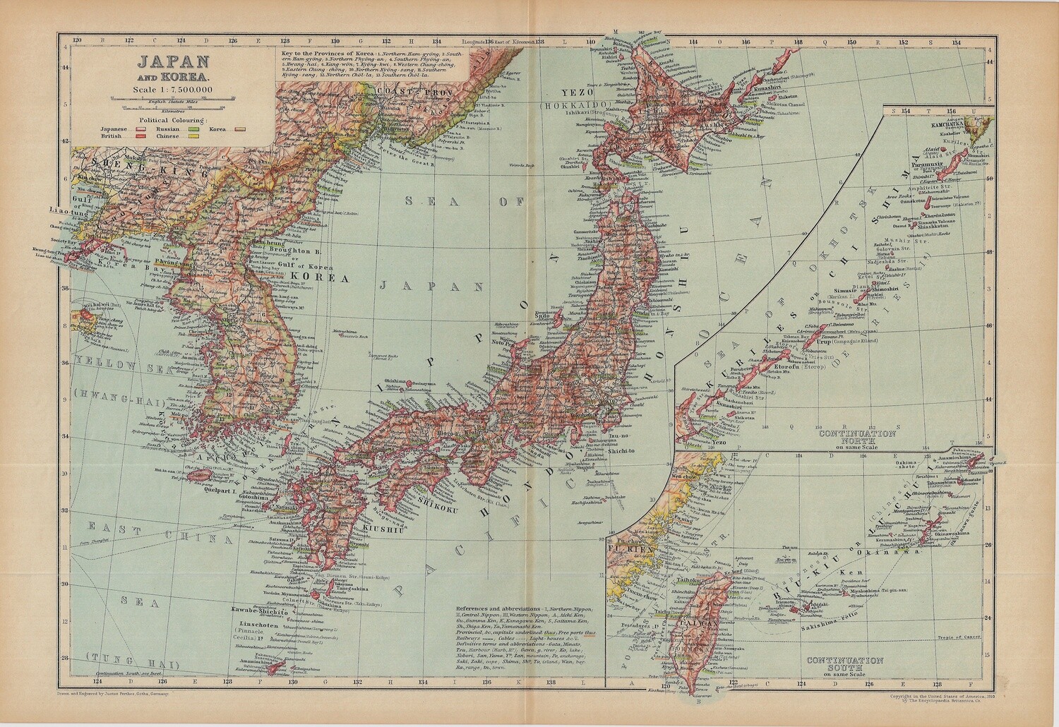 1910 Map of Japan and Korea by Justus Perthus in Chromolithography