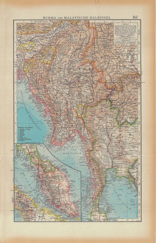 1923 Map of Burma and the Malay Peninsula, Singapore by Stieler in Chromolithography in German