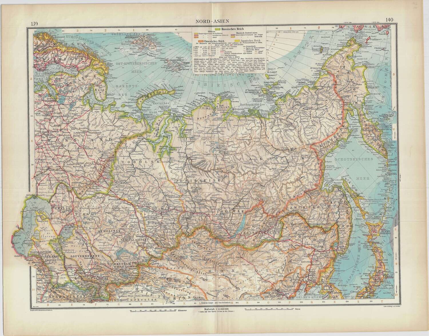 1923 Map of Asia by Stieler in Chromolithography, in German