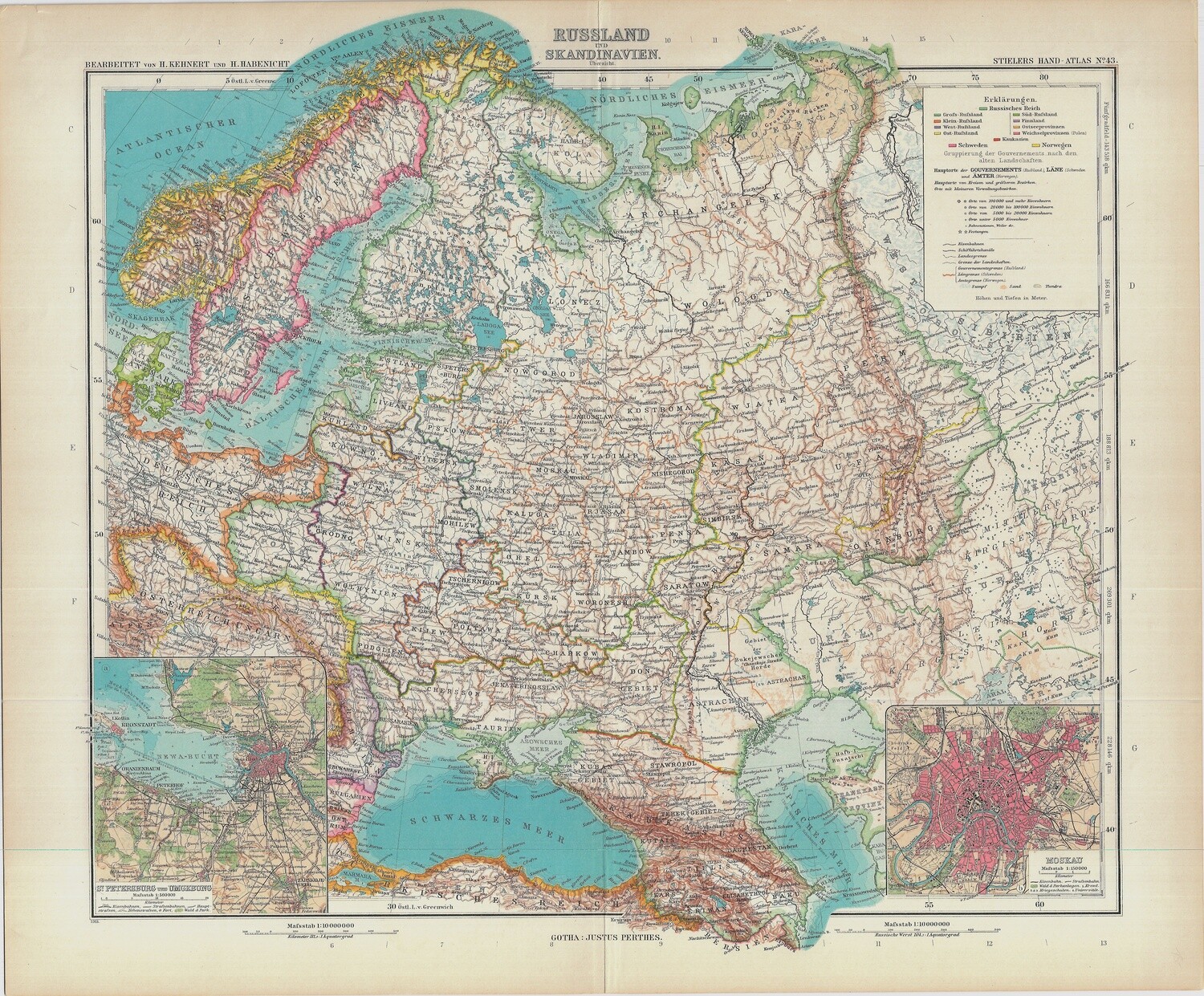 1890 Map of Russia &amp; Scandanavia from Stielers Hand-atlas