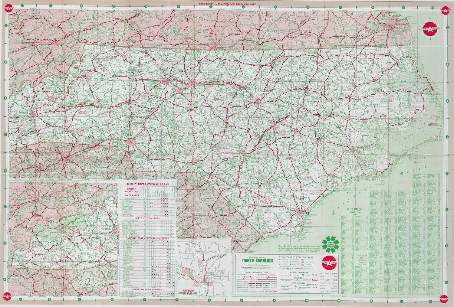 1963 Flying A Map of North &amp; South Carolina