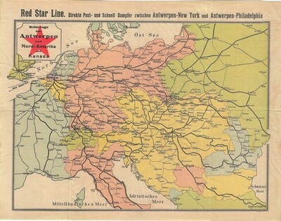 1900 Map of the Red Star Line from Antwerp to N. Amer