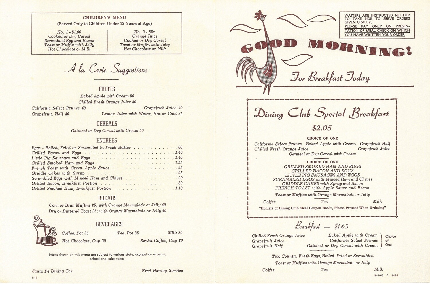 1963 Santa Fe Lines Dining Car Menus