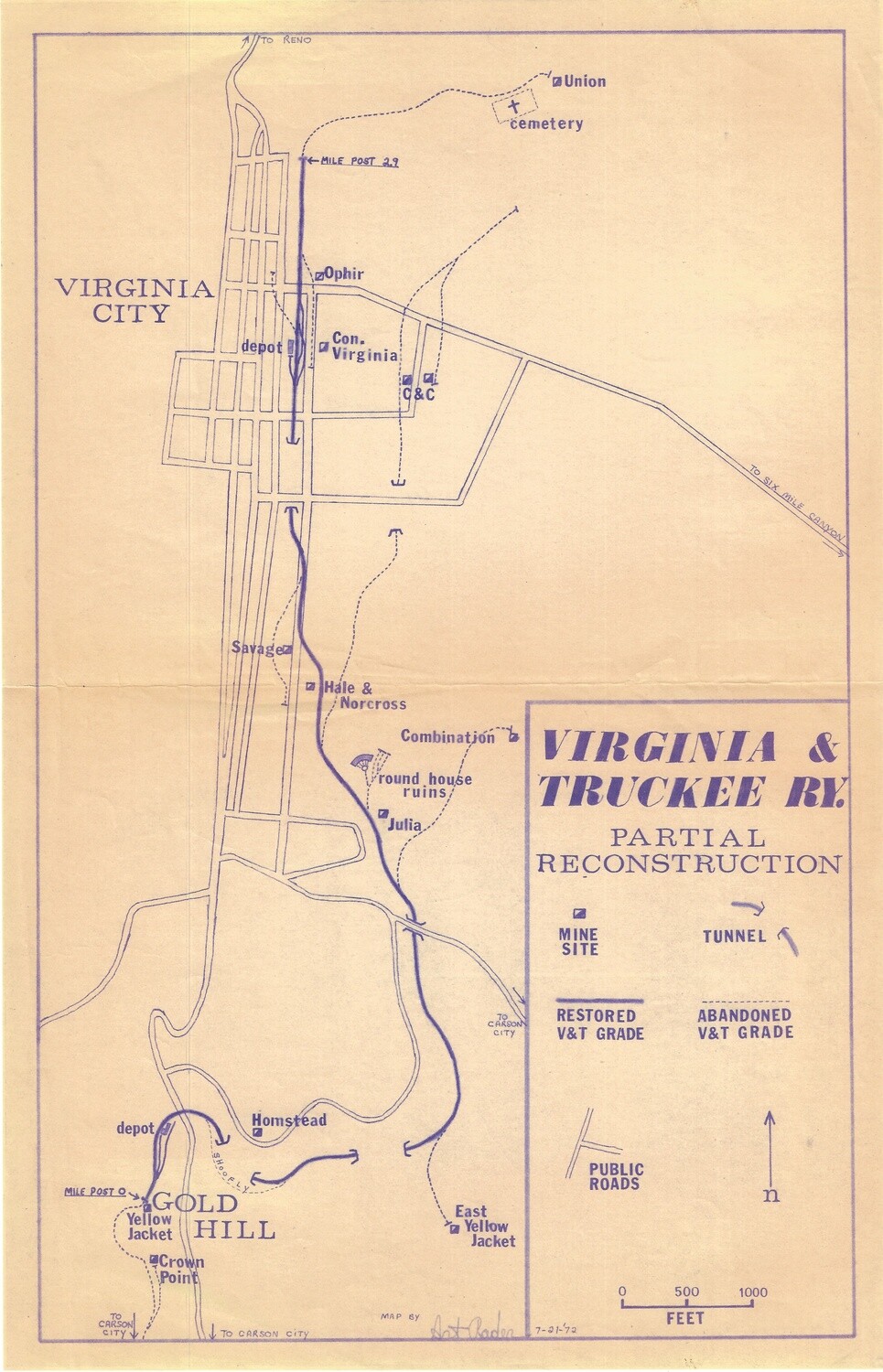 1972 Map of partial reconstruction of Virginia &amp; Truckee Railway - Virginia City Nevada