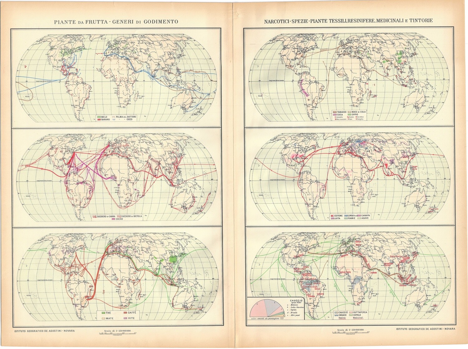 1934 Geophysical World Maps w/ Fruit, Plants , Drugs,  