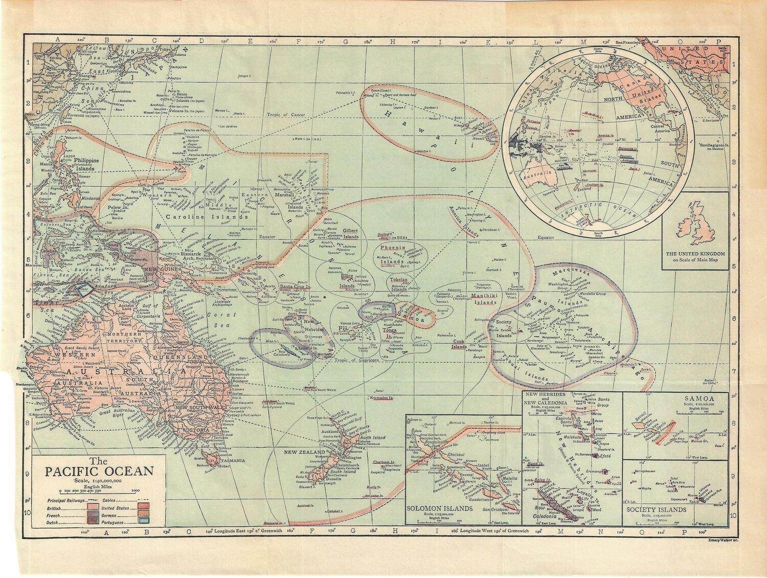 1920 Map of the Pacific Ocean by Emery Walker in Color Lithography