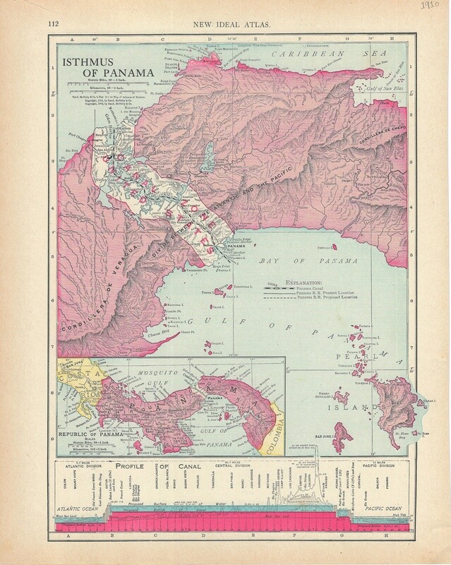 1910 Map of the Isthmus of Panama by Geo.Cram in Color Lithography