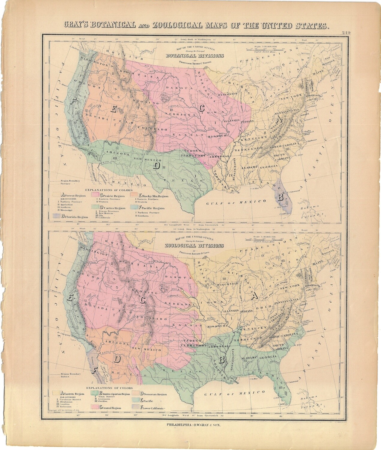 1884 Botanical and Zoological Map of the US by O.W. Gray &amp; Sons.